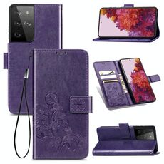 Custodia in pelle di protezione del telefono cellulare con fibbia in rilievo con chiusura a quattro foglie con cordino, slot per schede e portafoglio e staffa per Samsung Galaxy S30 Ultra (viola)