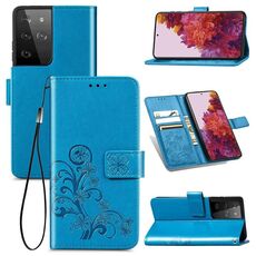 Custodia in pelle di protezione del telefono cellulare con fibbia in rilievo con chiusura a quattro foglie con cordino, slot per schede e portafoglio e staffa per Samsung Galaxy S30 Ultra (blu)