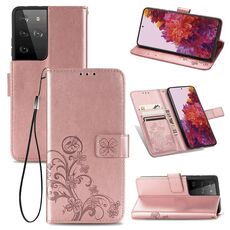 Custodia in pelle di protezione del telefono cellulare con fibbia in rilievo con chiusura a quattro foglie con cordino, slot per schede e portafoglio e staffa per Samsung Galaxy S30 Ultra (oro rosa)