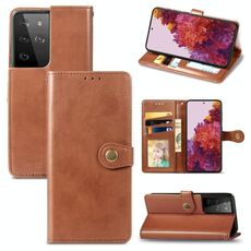 Per Samsung Galaxy S21 Ultra 5G Custodia per telefono con fibbia in pelle tinta unita retrò con cordino, cornice per foto, slot per scheda, portafoglio e funzione di supporto (marrone)
