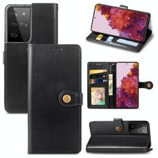 Per Samsung Galaxy S21 Ultra 5G Custodia per telefono con fibbia in pelle tinta unita retrò con cordino, cornice per foto, slot per scheda, portafoglio e funzione di supporto (nero)