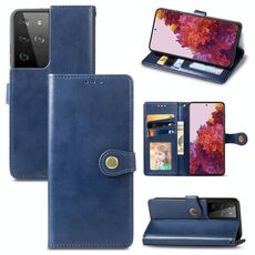 Per Samsung Galaxy S21 Ultra 5G Custodia per telefono con fibbia in pelle tinta unita retrò con cordino, cornice per foto, slot per scheda, portafoglio e funzione di supporto (blu)