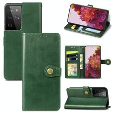 Per Samsung Galaxy S21 Ultra 5G Custodia per telefono con fibbia in pelle tinta unita retrò con cordino, cornice per foto, slot per scheda, portafoglio e funzione di supporto (verde)