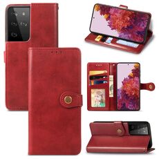 Per Samsung Galaxy S21 Ultra 5G Custodia per telefono con fibbia in pelle tinta unita retrò con cordino, cornice per foto, slot per scheda, portafoglio e funzione di supporto (rosso)