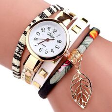 Orologio con bracciale al quarzo da donna con pendente a forma di foglia (bianco)