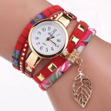 Orologio con bracciale al quarzo da donna con pendente a forma di foglia (rosso)