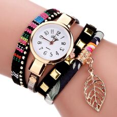 Orologio con bracciale al quarzo da donna con pendente a forma di foglia (nero)