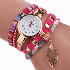 Orologio con bracciale al quarzo da donna con pendente a forma di foglia (rosa rossa)