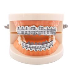 Bretelle Hip Hop con 8 denti quadrati in zirconio dorato, colore: argento