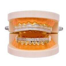 Bretelle Hip Hop con 8 denti quadrati in zirconio dorato, colore: denti inferiori in oro
