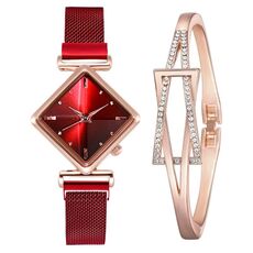2 SET orologio al quarzo da donna con quadrante diamantato, colore: rosso + cinturino
