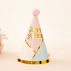 10 PCS Cappello da festa di compleanno per adulti per bambini Cappello di carta per compleanno con palla di pelo (rosa geometrico)