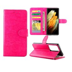 Per Samsung Galaxy S21 Ultra 5G Custodia protettiva a vibrazione orizzontale in pelle con struttura a cavallo pazzo con supporto e slot per schede e portafoglio e cornice per foto (rosa rossa)
