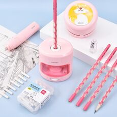 Set di cancelleria elettrica per studenti Deli Pulitore da tavolo / Gomma elettrica / Temperamatite elettrico (rosa)