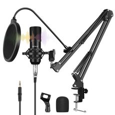 Puluz Condenser Microfono Studio trasmessa kit per microfoni canti professionisti con braccio a forbice sospensione e montaggio sugli shock metallici e scheda audio USB (Black)