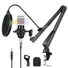 Puluz Condenser Microfono Studio trasmessa kit per microfoni canti professionisti con braccio a forbice sospensione e montaggio sugli shock metallici e scheda audio USB (Silver)