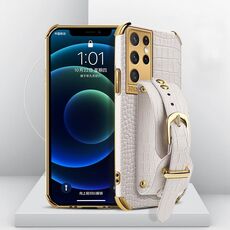 Per Samsung Galaxy S21 Ultra Electroplated TPU Caso di coccodrillo in pelle di coccodrillo con cinturino da polso (bianco)