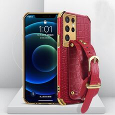 Per Samsung Galaxy S21 Ultra Electroplated TPU Caso di coccodrillo in pelle con cinturino da polso (rosso)