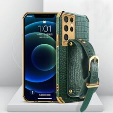 Per Samsung Galaxy S21 Ultra Electroplated TPU Caso di coccodrillo in pelle di coccodrillo con cinturino da polso (verde)