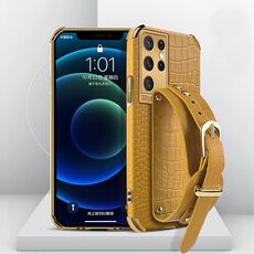 Per Samsung Galaxy S21 Ultra Electroplated TPU Modello di coccodrillo in pelle con cinturino da polso (giallo)