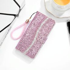 Per Samsung Galaxy S21 Ultra 5G Custodia in pelle con vibrazione orizzontale in polvere glitterata con slot per schede, supporto e cordino (rosa)