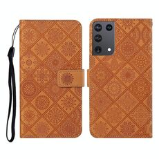 Per Samsung Galaxy S21Ultra 5G Custodia in pelle a ribaltamento orizzontale con motivo in rilievo in stile etnico con supporto e slot per schede, portafoglio e cordino (marrone)