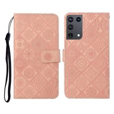 Per Samsung Galaxy S21Ultra 5G Custodia in pelle a ribaltamento orizzontale con motivo in rilievo in stile etnico con supporto e slot per schede, portafoglio e cordino (rosa)