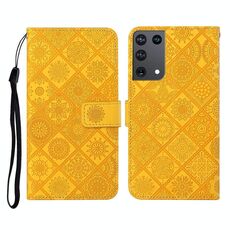 Per Samsung Galaxy S21Ultra 5G Custodia in pelle a ribaltamento orizzontale con motivo in rilievo in stile etnico con supporto e slot per schede, portafoglio e cordino (giallo)