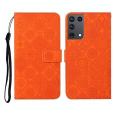 Per Samsung Galaxy S21Ultra 5G Custodia in pelle a ribaltamento orizzontale con motivo in rilievo in stile etnico con supporto e slot per schede, portafoglio e cordino (arancione)
