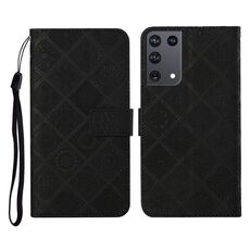 Per Samsung Galaxy S21Ultra 5G Custodia in pelle a ribaltamento orizzontale con motivo in rilievo in stile etnico con supporto e slot per schede, portafoglio e cordino (nero)
