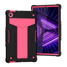 Per Lenovo M10 Plus TB-X606F Staffa a forma di T Colore a contrasto PC antiurto + Custodia protettiva in silicone (nero + rosa rossa)