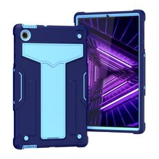 Per Lenovo M10 Plus TB-X606F Staffa a forma di T Colore a contrasto PC antiurto + Custodia protettiva in silicone (blu navy + blu)