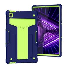 Per Lenovo M10 Plus TB-X606F Staffa a forma di T Colore a contrasto PC antiurto + Custodia protettiva in silicone (blu navy + giallo verde)