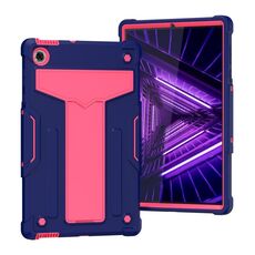 Per Lenovo M10 Plus TB-X606F Staffa a forma di T Colore a contrasto PC antiurto + Custodia protettiva in silicone (blu navy + rosa rossa)