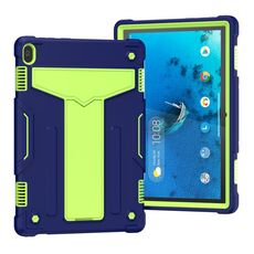 Per Lenovo M10 FHD REL TB-X605F Staffa a forma di T Colore a contrasto PC antiurto + Custodia protettiva in silicone (blu navy + giallo verde)
