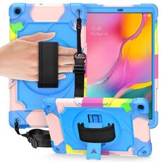 Per Samsung Galaxy Tab A 10.1 (2019) / T515 Giradischi con rotazione di 360 gradi Robot a colori a contrasto Custodia protettiva in silicone antiurto + PC con supporto (colorato + blu)