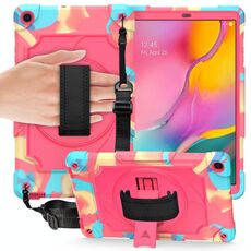 Per Samsung Galaxy Tab A 10.1 (2019) / T515 Giradischi con rotazione a 360 gradi Robot a colori a contrasto Custodia protettiva in silicone antiurto + PC con supporto (colorato + rosa rossa)