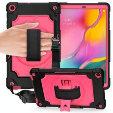 Per Samsung Galaxy Tab A 10.1 (2019) / T515 Giradischi con rotazione di 360 gradi Robot a colori a contrasto Custodia protettiva in silicone antiurto + PC con supporto (nero + rosa rossa)