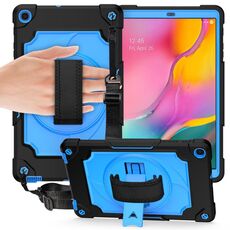 Per Samsung Galaxy Tab A 10.1 (2019) / T515 Giradischi con rotazione di 360 gradi Robot a colori a contrasto Custodia protettiva in silicone antiurto + PC con supporto (nero + blu)