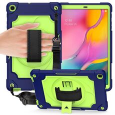 Per Samsung Galaxy Tab A 10.1 (2019) / T515 Giradischi con rotazione di 360 gradi Robot a colori a contrasto Custodia protettiva in silicone antiurto + PC con supporto (blu navy + verde giallo)
