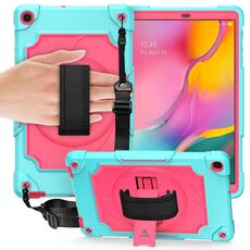 Per Samsung Galaxy Tab A 10.1 (2019) / T515 Giradischi con rotazione a 360 gradi Robot a colori a contrasto Custodia protettiva in silicone antiurto + PC con supporto (Mint Green + Rose Red)