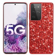 Custodia protettiva in TPU antiurto con polvere glitterata per Samsung Galaxy S21 Ultra 5G (rossa)