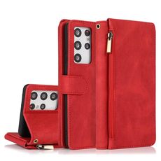 Per Samsung Galaxy S21 Ultra 5G Skin-feel Crazy Horse Texture Borsa a portafoglio con cerniera Custodia in pelle a ribaltamento orizzontale con supporto e slot per schede e portafoglio e cordino (rosso)
