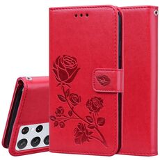 Per Samsung Galaxy S21 Ultra 5G Custodia in pelle orizzontale in rilievo in rilievo con supporto e carta Slot e portafoglio (rosso)