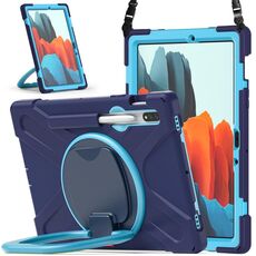 Per Samsung Galaxy Tab S8 / GALAXY TAB S7 T870 / T875 Silicone + custodia protettiva per PC con supporto e tracolla (blu navy + blu)