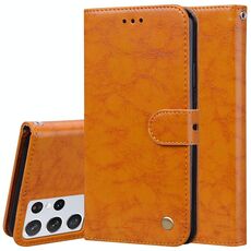 Per Samsung Galaxy S21 Ultra 5G Business Style Oil Wax Texture Custodia in pelle a flip orizzontale con supporto e carta Slot & Portafoglio (Giallo)