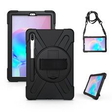 Per Samsung Galaxy Tab S6 10.5 pollici T860 / T865 Antifurto in silicone colorato + custodia protettiva per PC con supporto e tracolla e cinturino a mano e slot a penna (nero)
