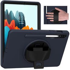 PC di rotazione a 360 gradi + custodia protettiva in TPU con supporto e slot per cinturino a mano e penna per Samsung Galaxy Tab S8 / GALAXY TAB S7 11 pollici T870 / T875 (blu scuro)