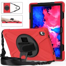 Per Lenovo Tab P11 TB-J606F / PAD 11 PLUS 2021 Ammortizzatore colorato in silicone + custodia protettiva per PC con supporto e cinturino a mano e tracolla (rosso)