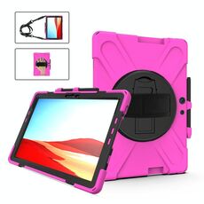 Per Microsoft Surface Pro X / Pro X 2021 Custodia protettiva antiurto in silicone colorato + PC con supporto e cinturino da polso e tracolla e slot per penna (rosa rossa)